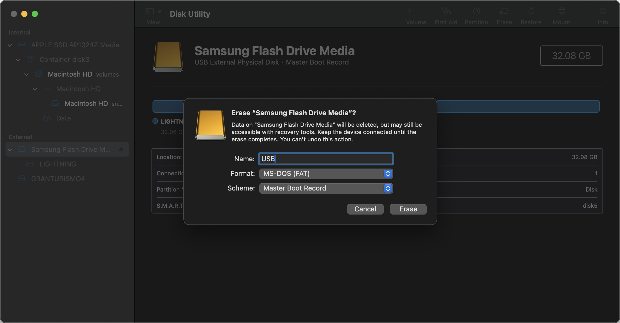 A window in Disk Utility asking if the user wishes to erase their flash drive. It advises that data will be deleted but may still be accessible with recovery tools, that you must keep the device connected until the erase completes, and that you cannot undo this action. Three fields are available to the user: Name (filled in the example with USB), Format (with the selection MS-DOS (FAT)), and Scheme (with the selection Master Boot Record). At the bottom-right of the window are a Cancel button on the left and an Erase button on the right.