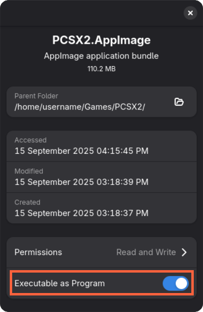 The GNOME properties window for PCSX2.AppImage. The option Executable as Program is toggled on.